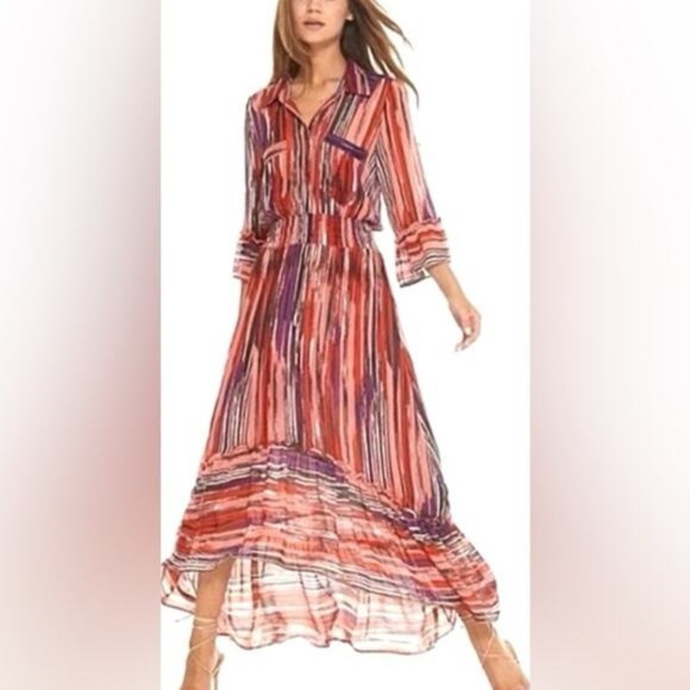 MISA Los Angeles Ofelia Silk Blend Shirt Midi‎ Dress Abstract Stripe Red Pink